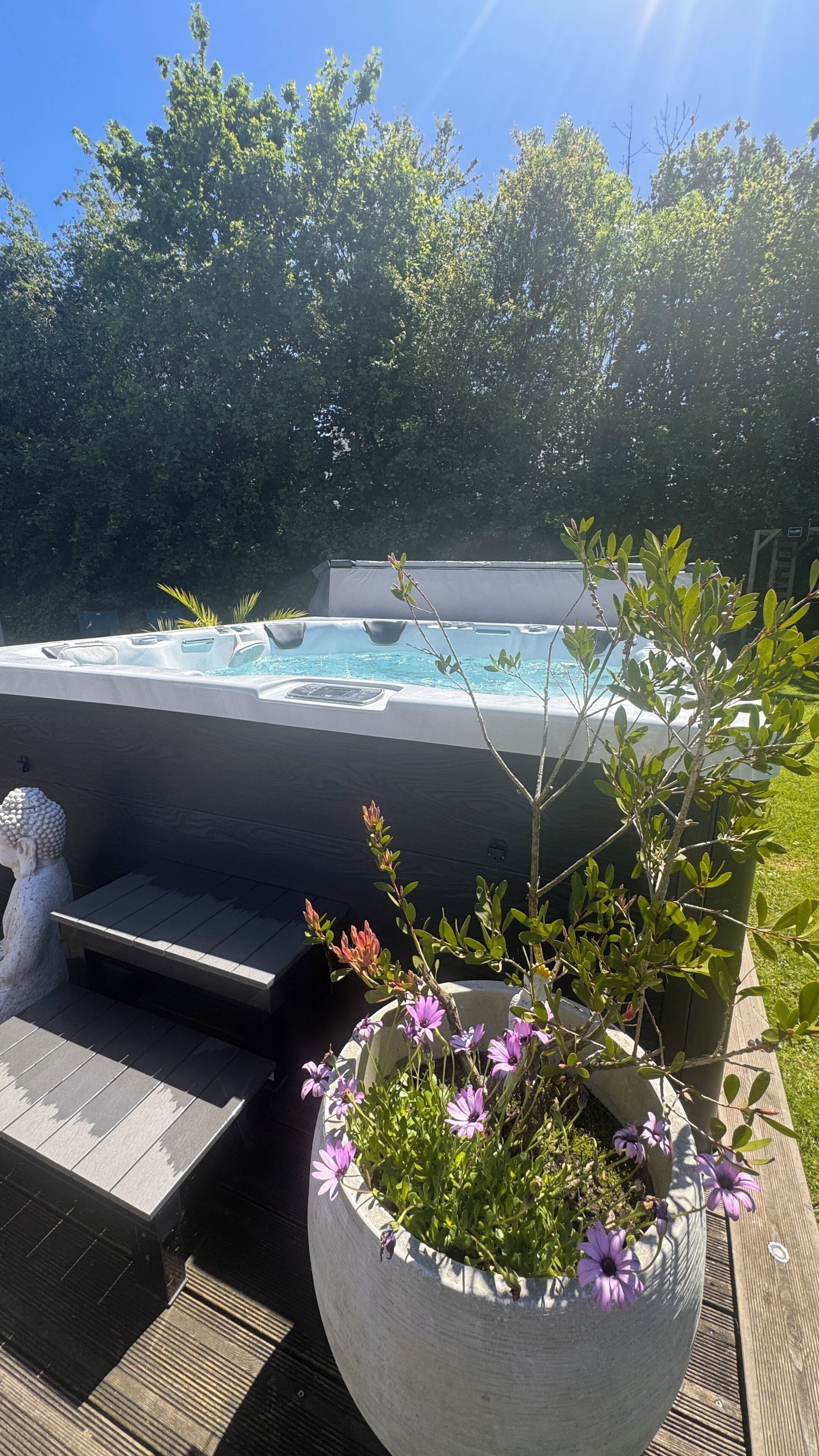 Un bain à remous avec une terrasse en bois et un jardinier orné de fleurs.