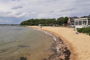 Ein Strand mit sandigem Ufer, einigen Personen und Gebäuden im Hintergrund.
