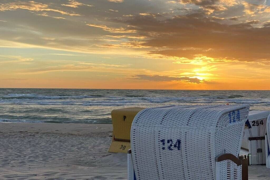Une plage avec des rangées de chaises de plage numérot ées et un coucher de soleil en arrière-plan.