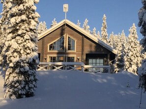 Eine Holzhütte mit einer großen Garage, umgeben von schneebedeckten Bäumen.