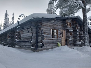 Une cabane en rondins avec un toit enneigé, des murs en bois et une fenêtre.