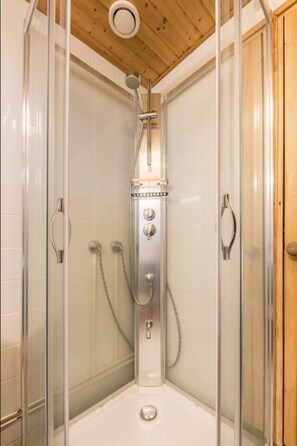 Eine gläserne Duschkabine mit Handbrause, einer an der Wand montierten Bedienkonsole und einer Deckenbrause.