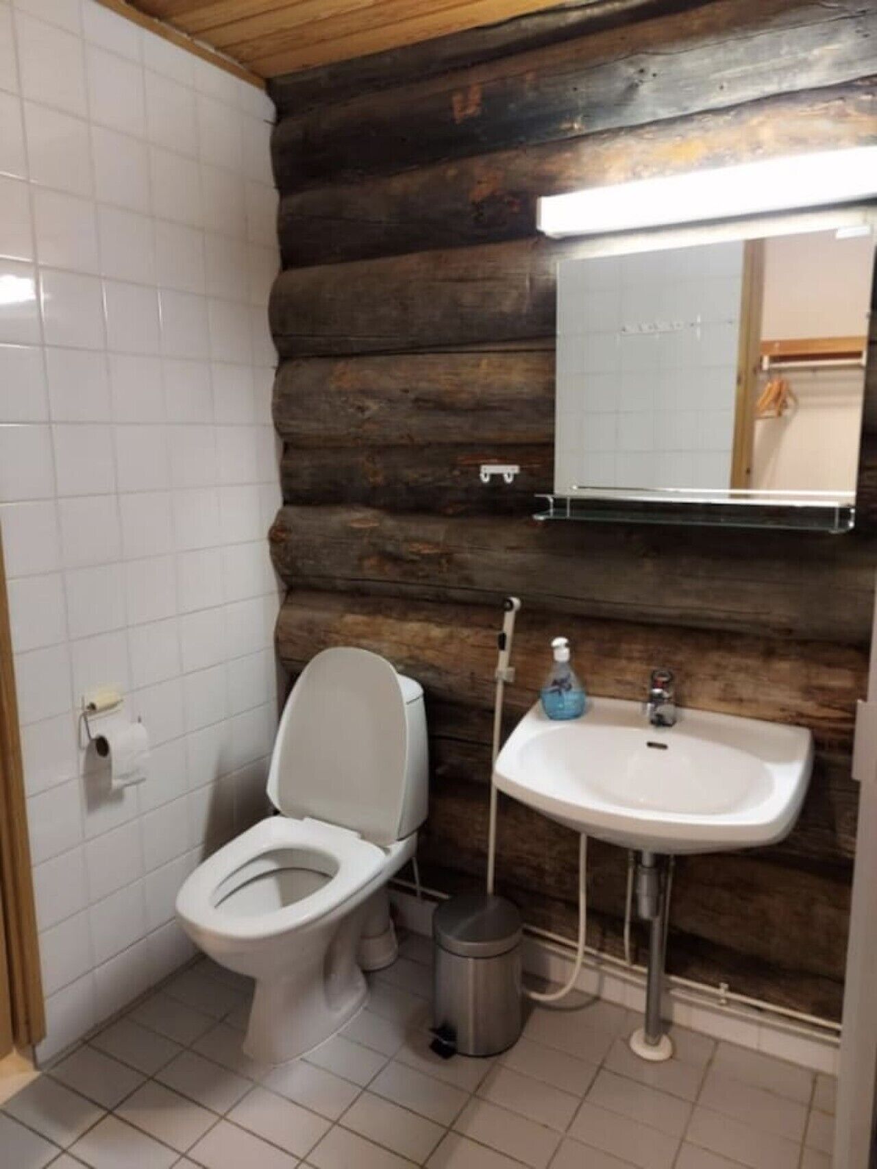 Et badeværelse med toilet, vask og spejl.
