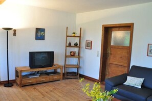 Una sala de estar con un televisor sobre un mueble de madera, una estantería escalonada de madera, un sofá y una puerta con panel de vidrio esmerilado.