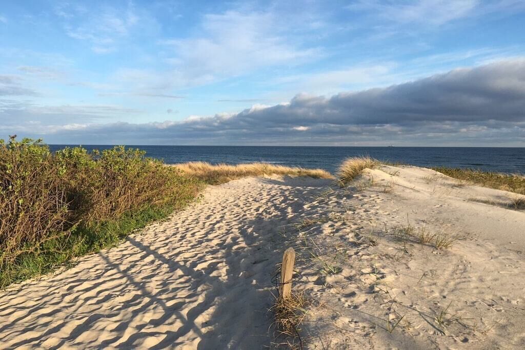 Ein sandiger Küstenpfad, der zum Meer führt, bei bedecktem Himmel.
