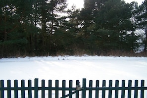 Schneebedeckte Landschaft mit einem Holzzaun im Vordergrund.