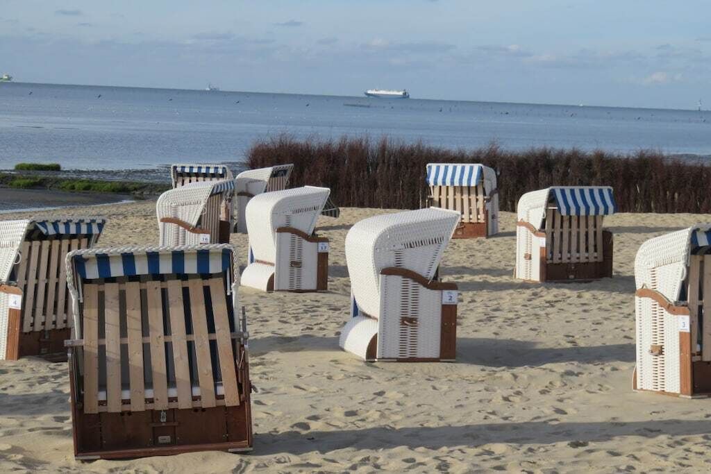 Des chaises de plage sont alignées sur une plage de sable, offrant une vue sur la mer et un navire à l’horizon.