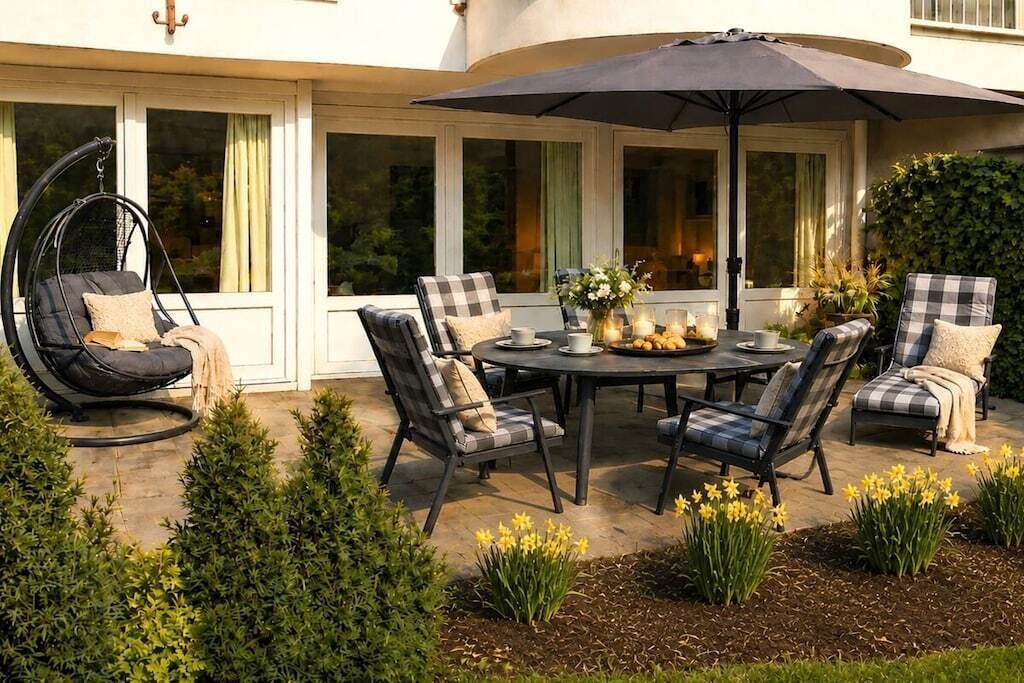Une terrasse extérieure avec une table ronde, des chaises et un fauteuil suspendu.