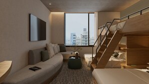 A modern living room with a sofa, coffee table, and a staircase. - FAV LUX NAGOYA MARUNOUCHI (Nagoya)