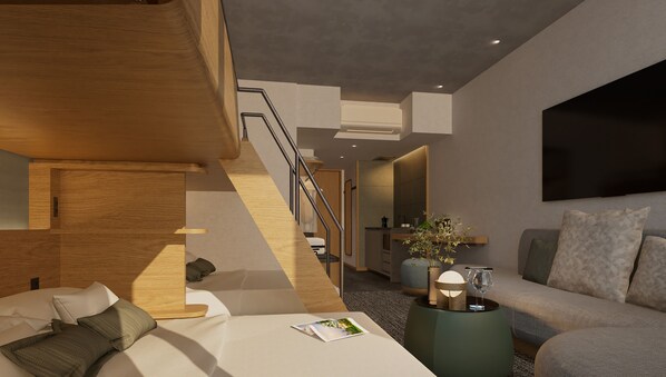A modern hotel room with a wooden staircase, a sofa, a coffee table, and a flat-screen TV. - FAV LUX NAGOYA MARUNOUCHI (Nagoya)