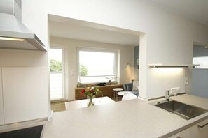 A modern kitchen with a large island, a built-in oven, and a window providing natural light. - "Sandplaat" in Uns to Hus (Juist)