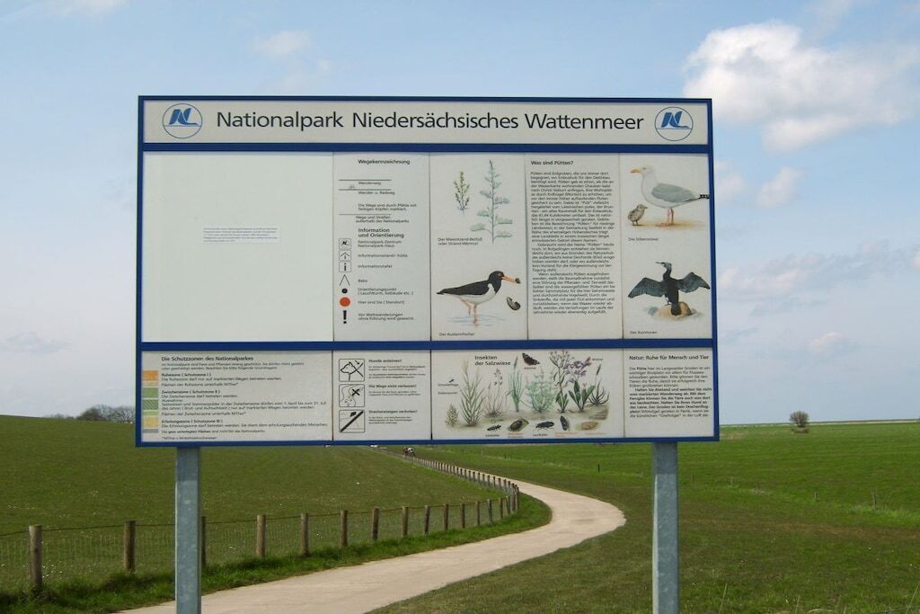 A signboard at Nationalpark Niedersächsisches Wattenmeer with information about the park and its wildlife.