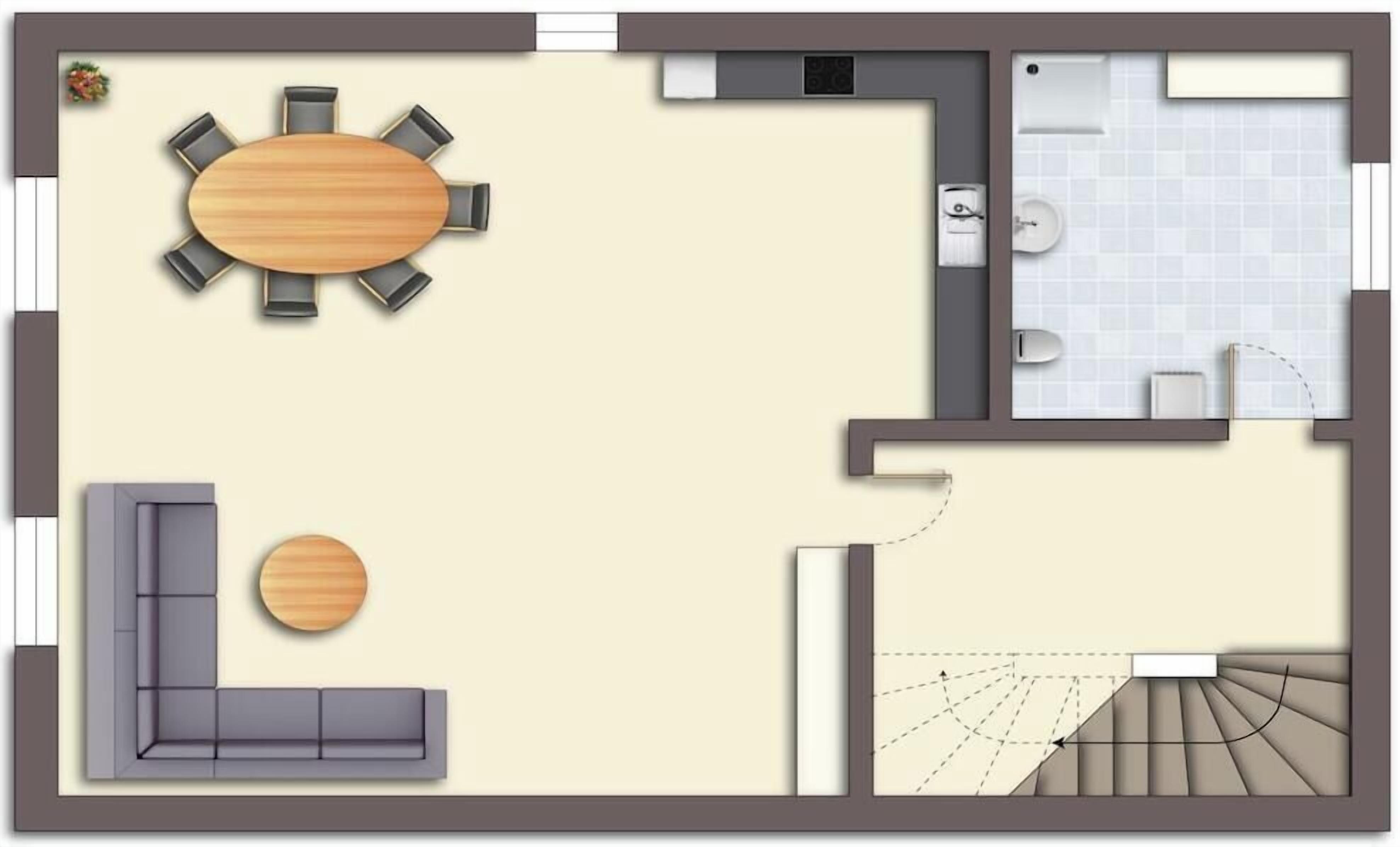 Ein Grundriss eines Hotelzimmers mit Essbereich, Badezimmer und einer Treppe.