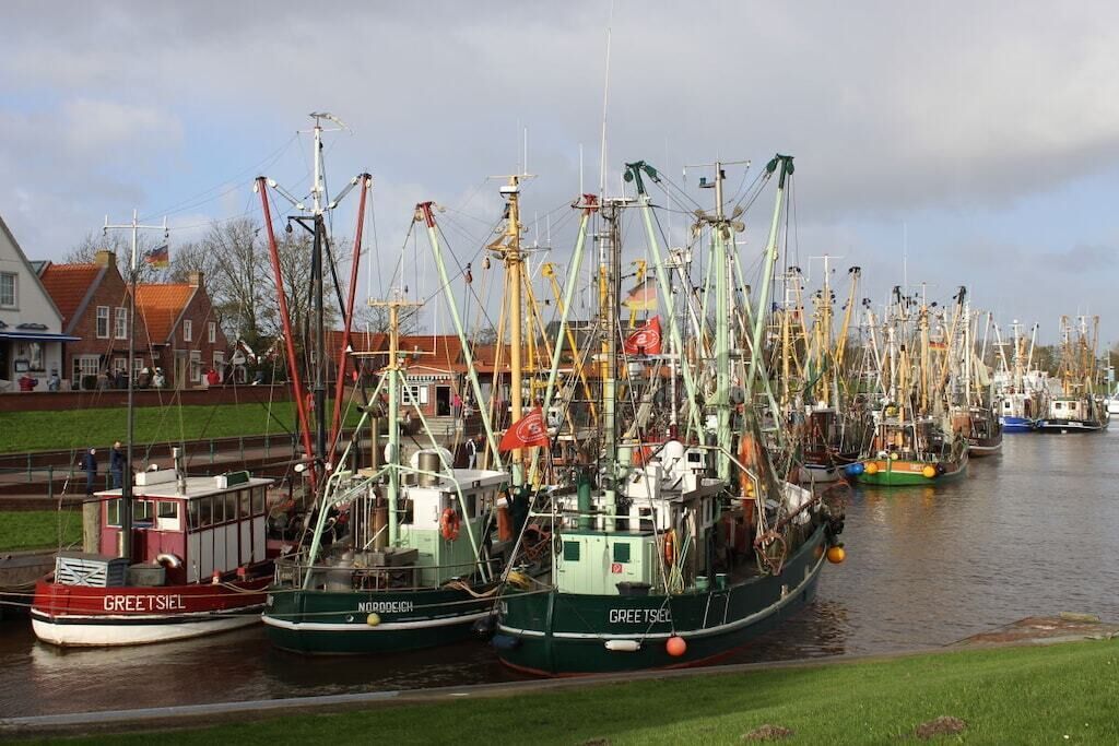 Un puerto con varios barcos pesqueros amarrados a la orilla.