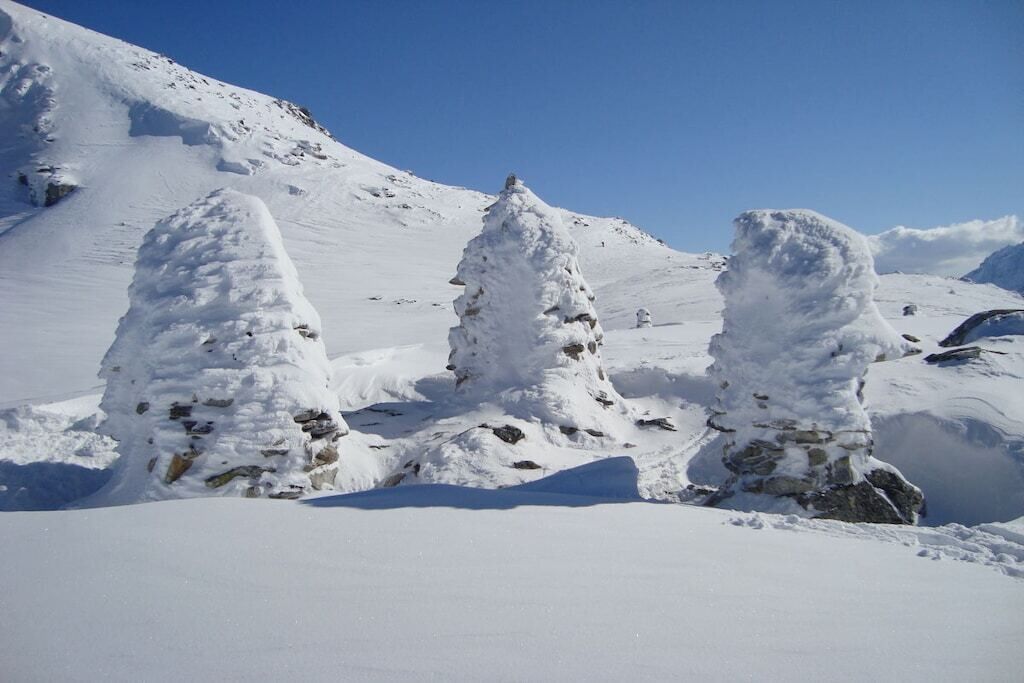 Un paisaje montañoso nevado con árboles cubiertos de nieve y afloramientos rocosos.