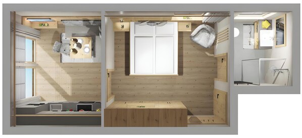 Een modern interieur met een keuken, eethoek en een groot raam.