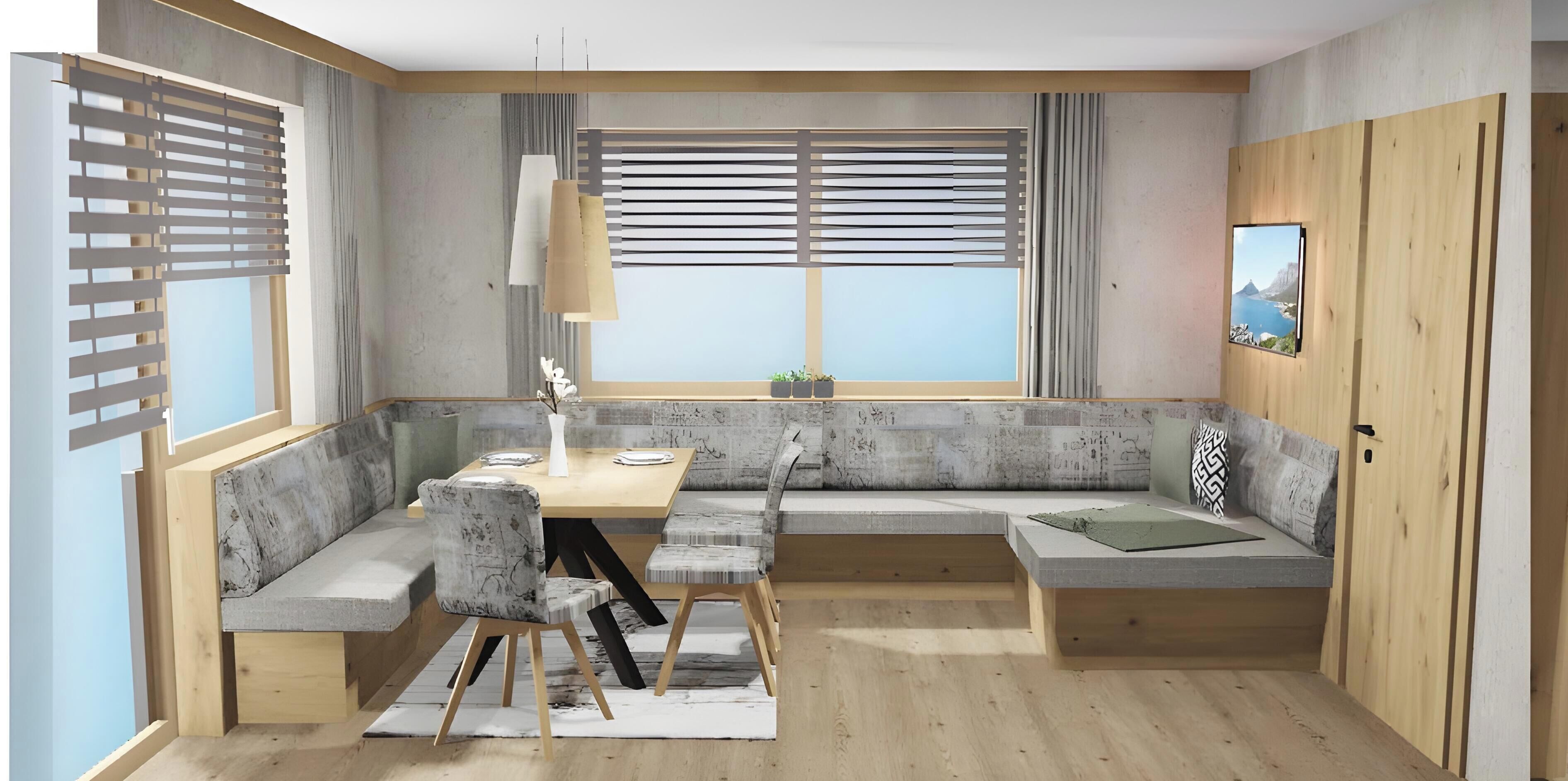 A modern interior with a built-in bench seating area, a dining table with chairs, and a large window with blinds.