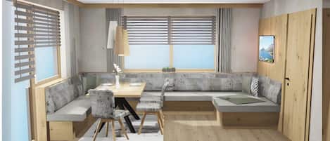 A modern interior with a built-in bench seating area, a dining table with chairs, and a large window with blinds.