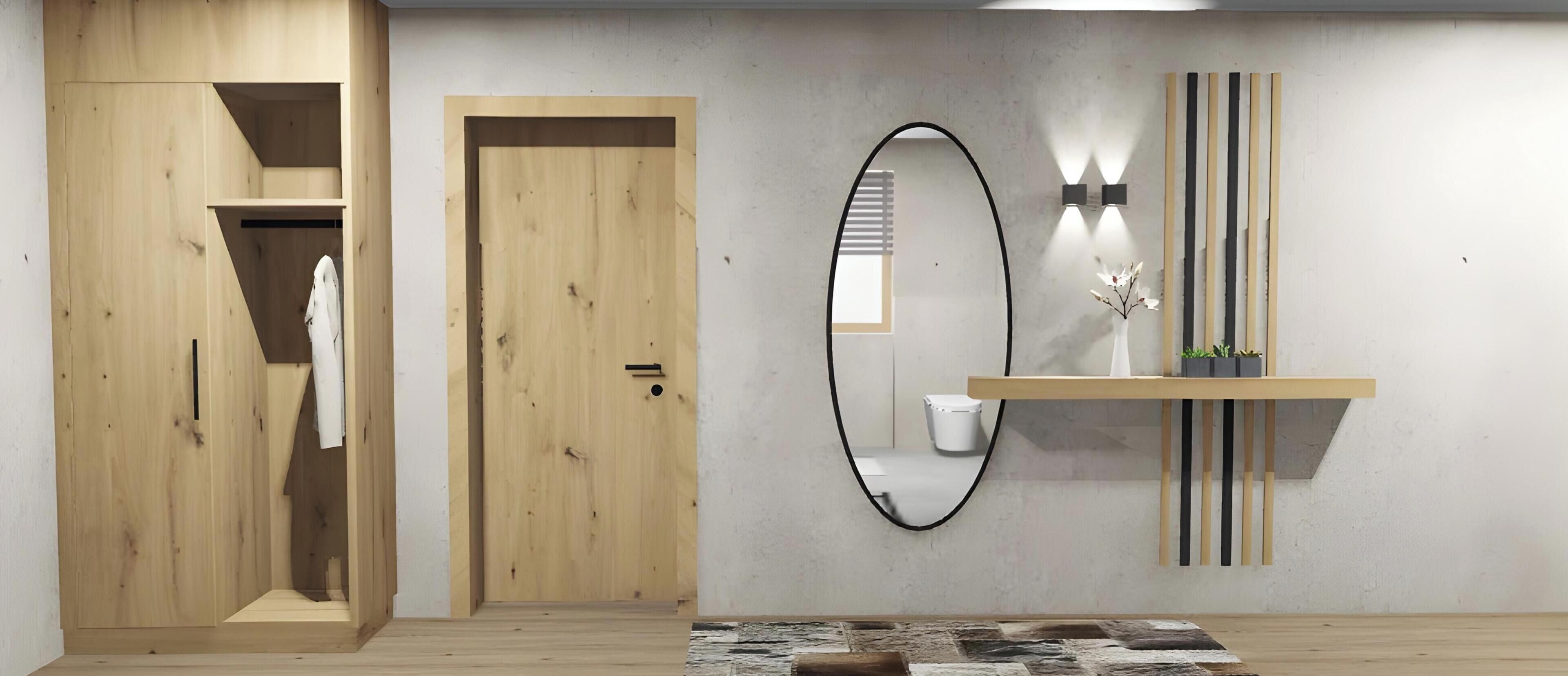 A room with a wooden wardrobe, a mirror, a small sink with a plant, and a patterned rug.