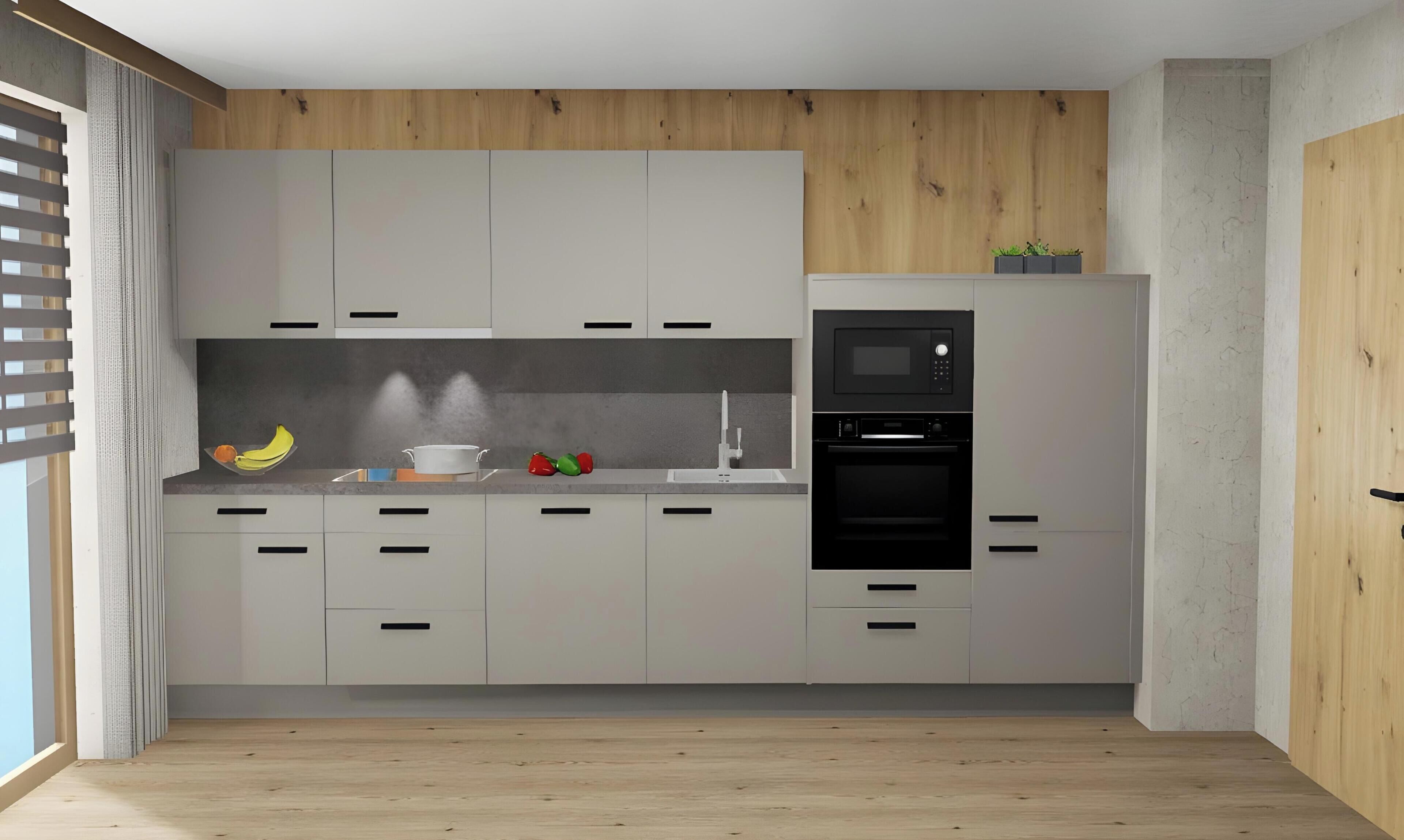 A modern kitchen with white cabinets, a black oven, and a microwave.