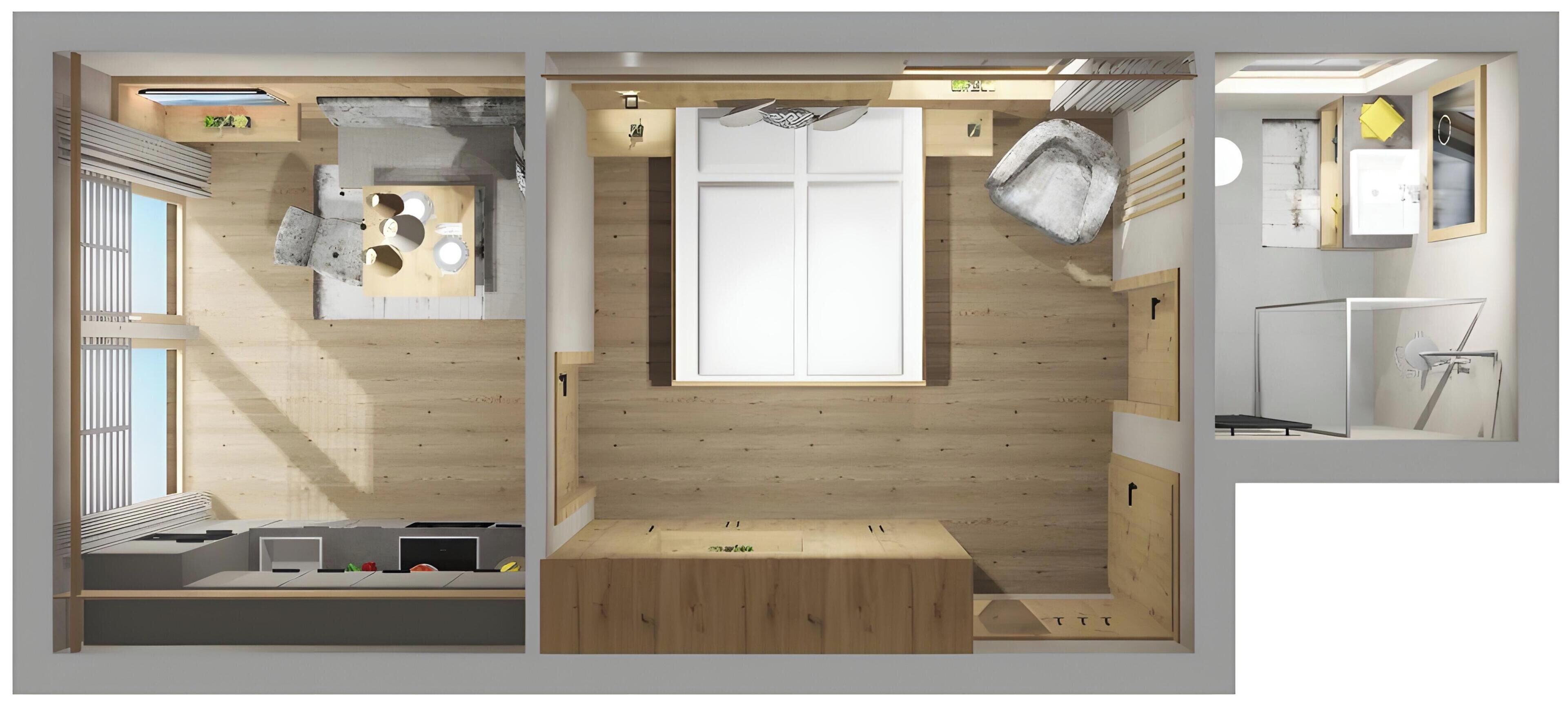 A modern interior with a kitchen, dining area, and a large window.