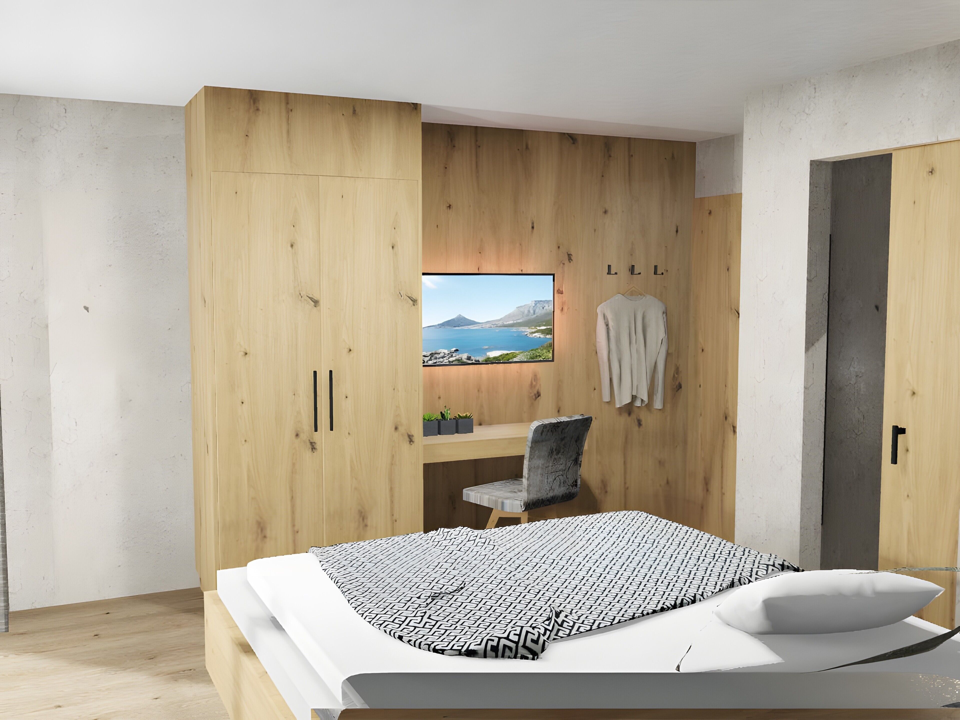 A bedroom with a bed, a desk, a chair, a TV, and a wardrobe.