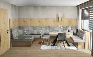 A modern interior with a wooden floor, a built-in bench seating area, a dining table with chairs, and a window with blinds. - Apartment Dristner with Mountain View, Wi-Fi and Air Conditioning (Hippach-Schwendberg)
