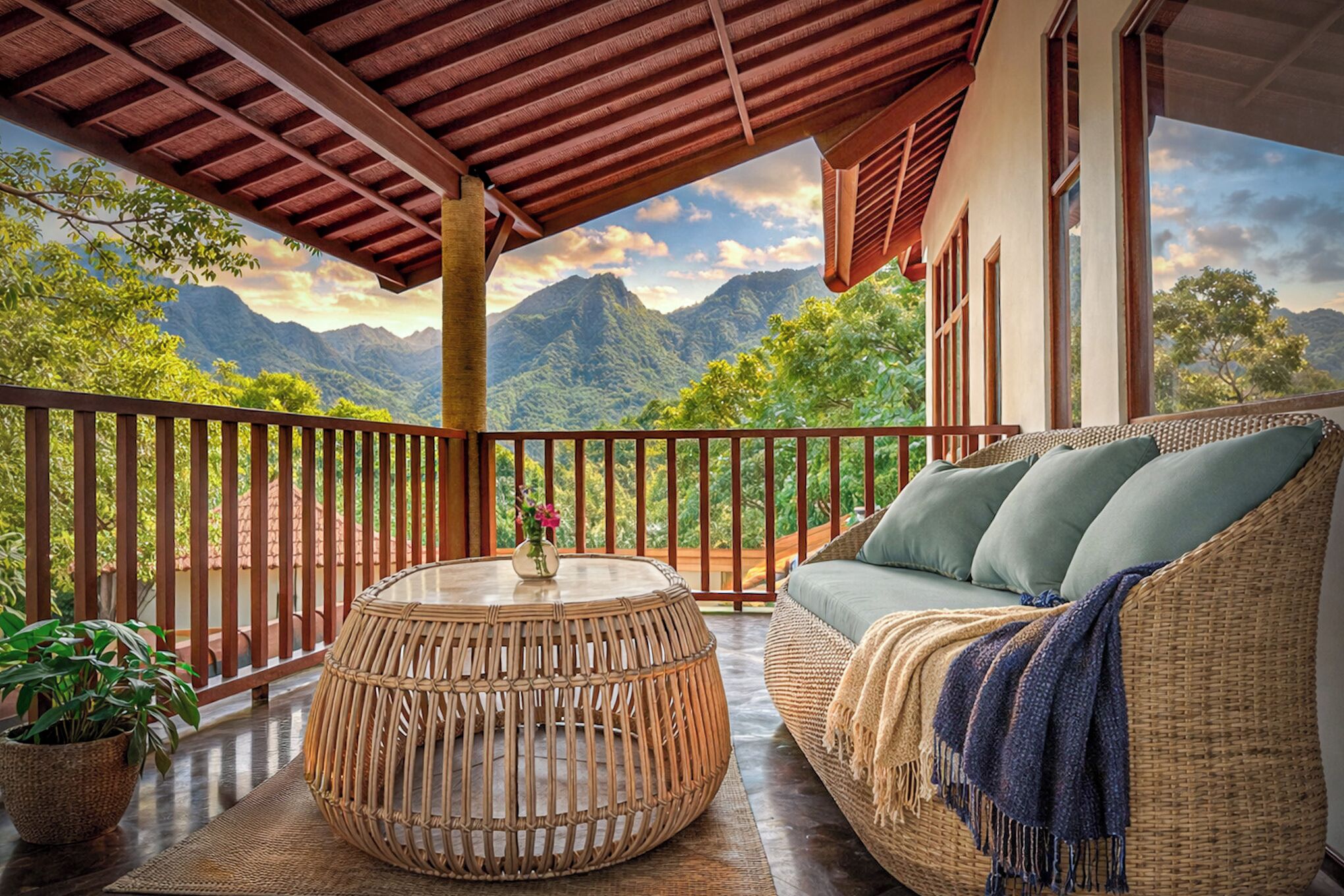 Un balcon avec un canapé en osier et une table ronde, offrant une vue sur un paysage montagneux.