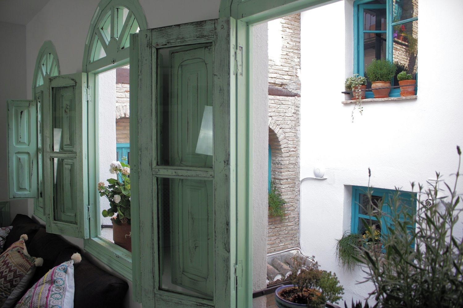 A room with a white wall, a green door, and a window with blue shutters. There are potted plants on the windowsill and a small table with a plant.