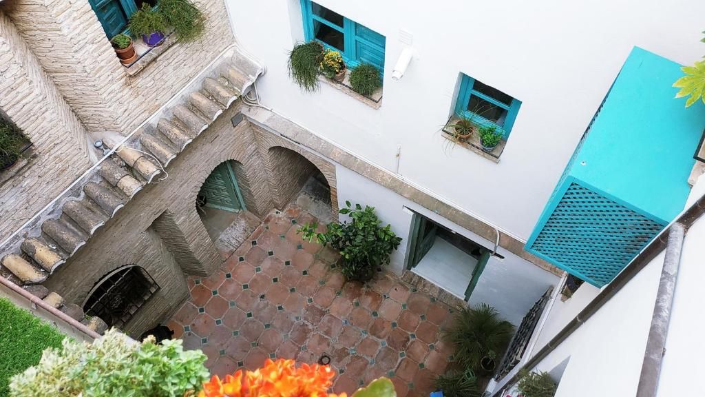 Une cour avec un escalier en pierre, un foyer et des plantes en pot.