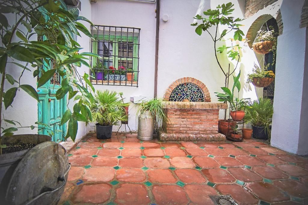 A courtyard with a tiled floor, potted plants, a brick wall, and a window with a metal grille.