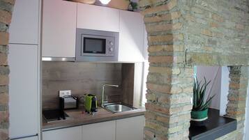 Cocina compacta con microondas, tostadora y lavamanos.