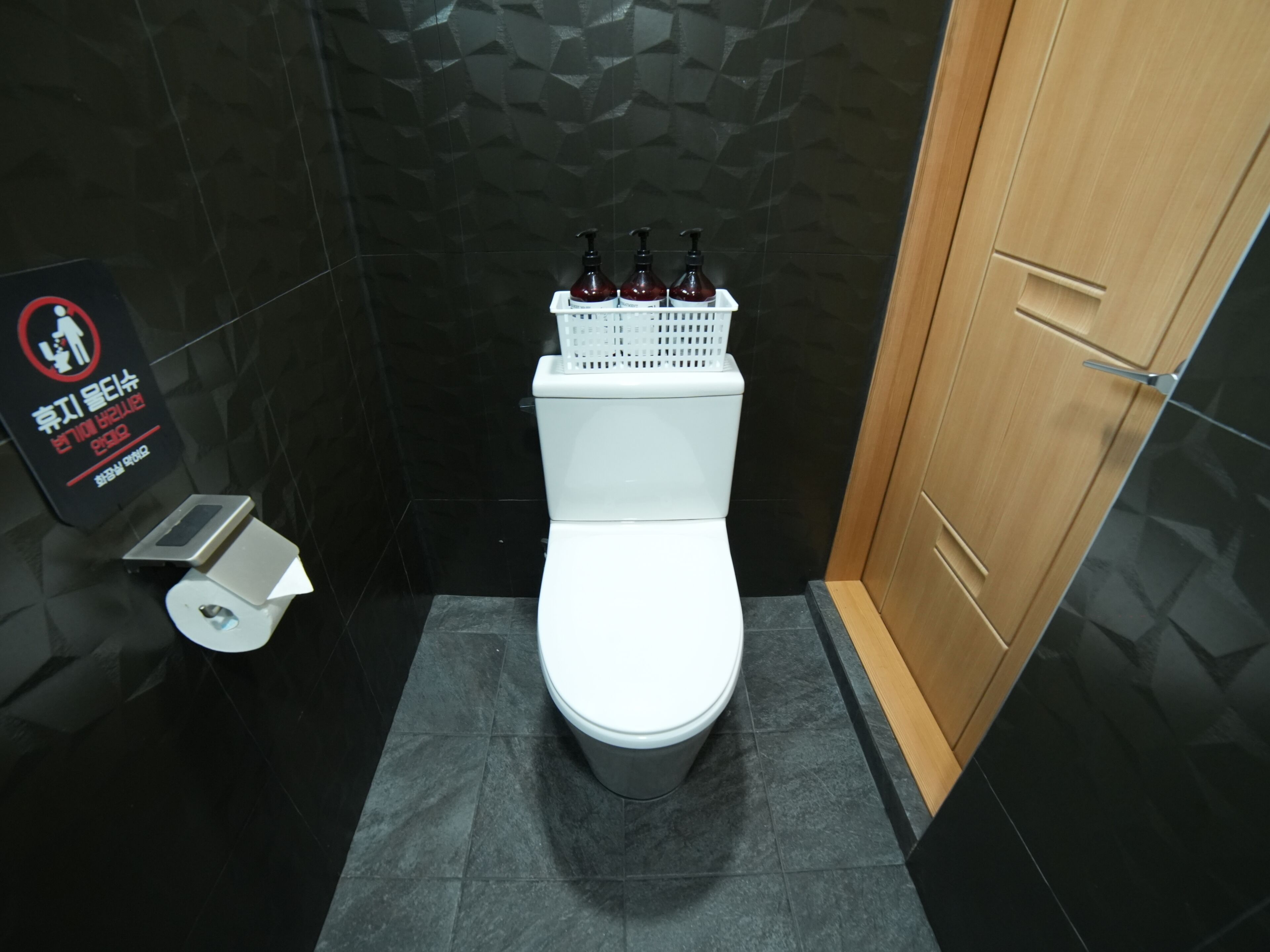 Et lille badeværelse med et hvidt toilet, en væg beklædt med sorte fliser og en trædør.
