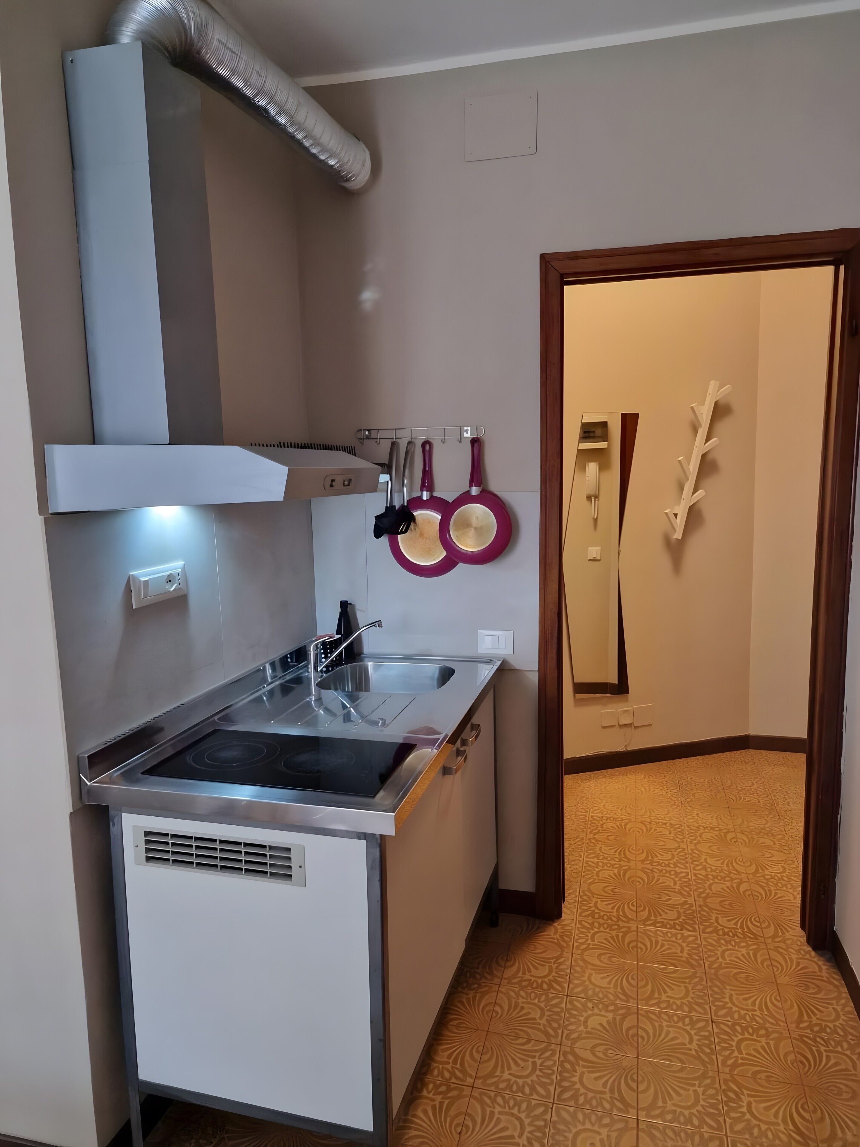 Una cucina compatta con piano cottura integrato, lavello e cappa aspirante.
