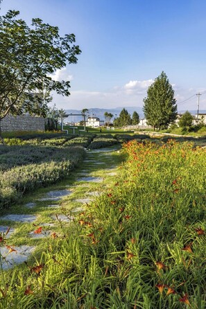 Un jardín ajardinado con una fuente, un muro de piedra y una gran variedad de plantas y flores.