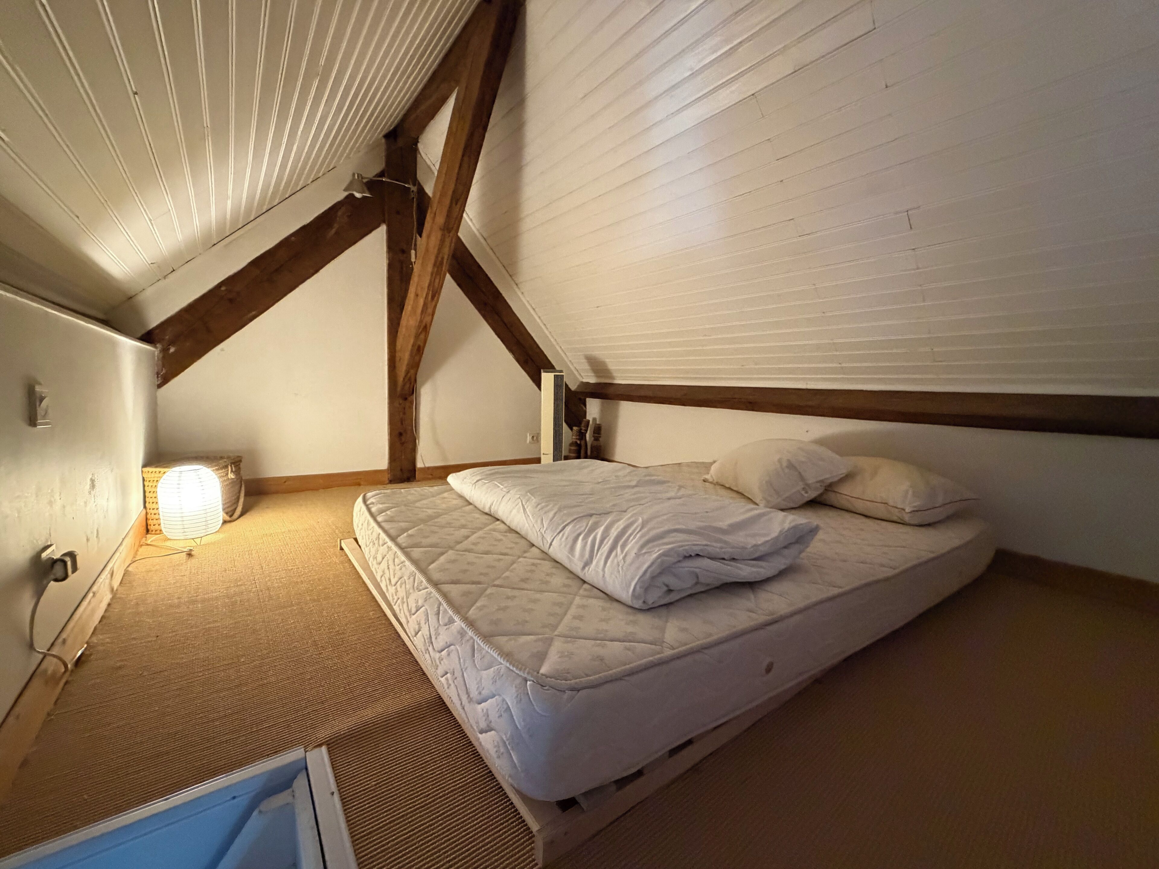 A single bed in a room with a sloped ceiling and exposed wooden beams.