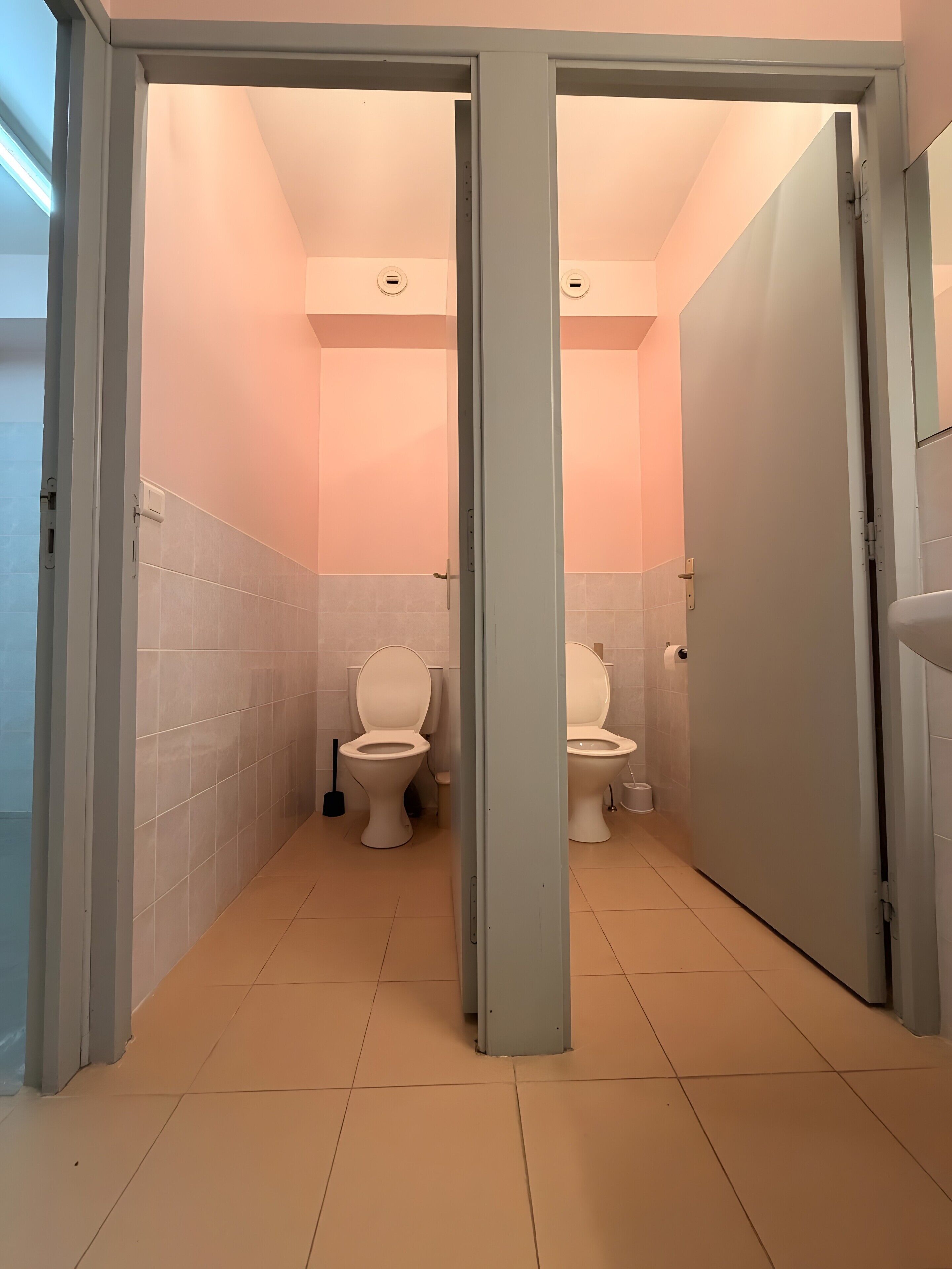 Une salle de bain avec deux toilettes, un lavabo et un miroir.