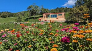 Uma cabana de madeira com um deck de madeira, rodeada por um jardim cheio de flores diversas.