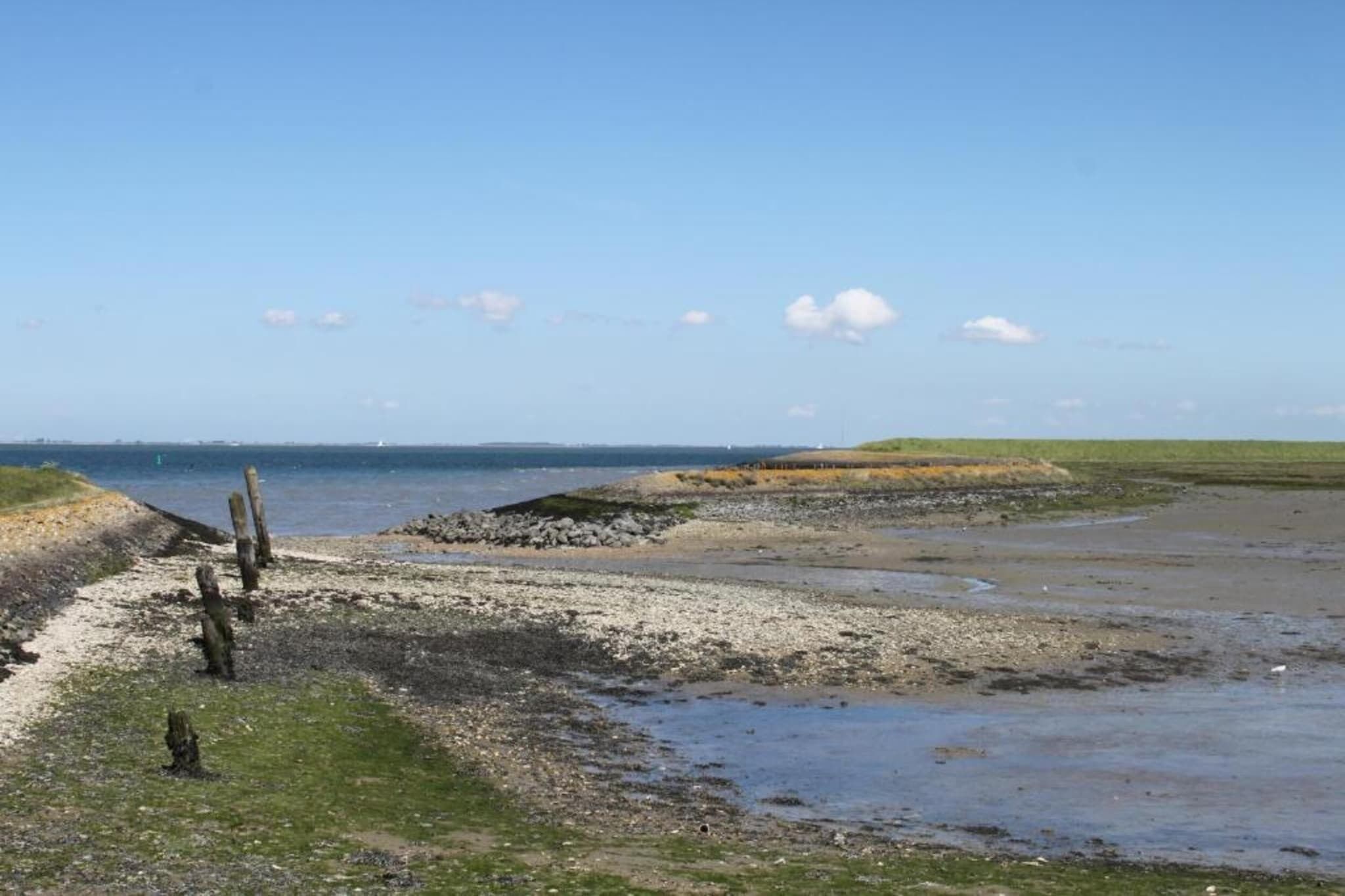 Un paysage côtier avec une plage de sable, des zones herbeuses et un ciel dégagé.