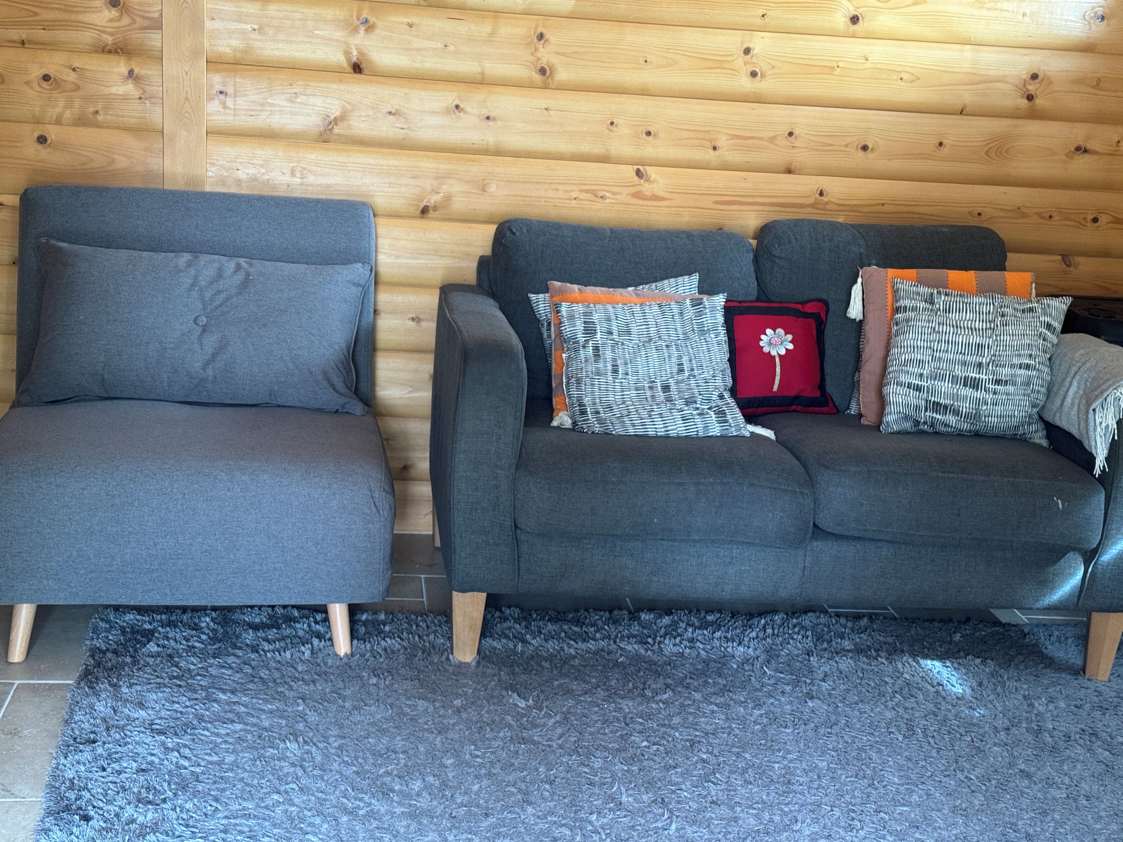 Una habitación con un sofá y un sillón grises, un tapete azul y mullido, y una pared de madera.