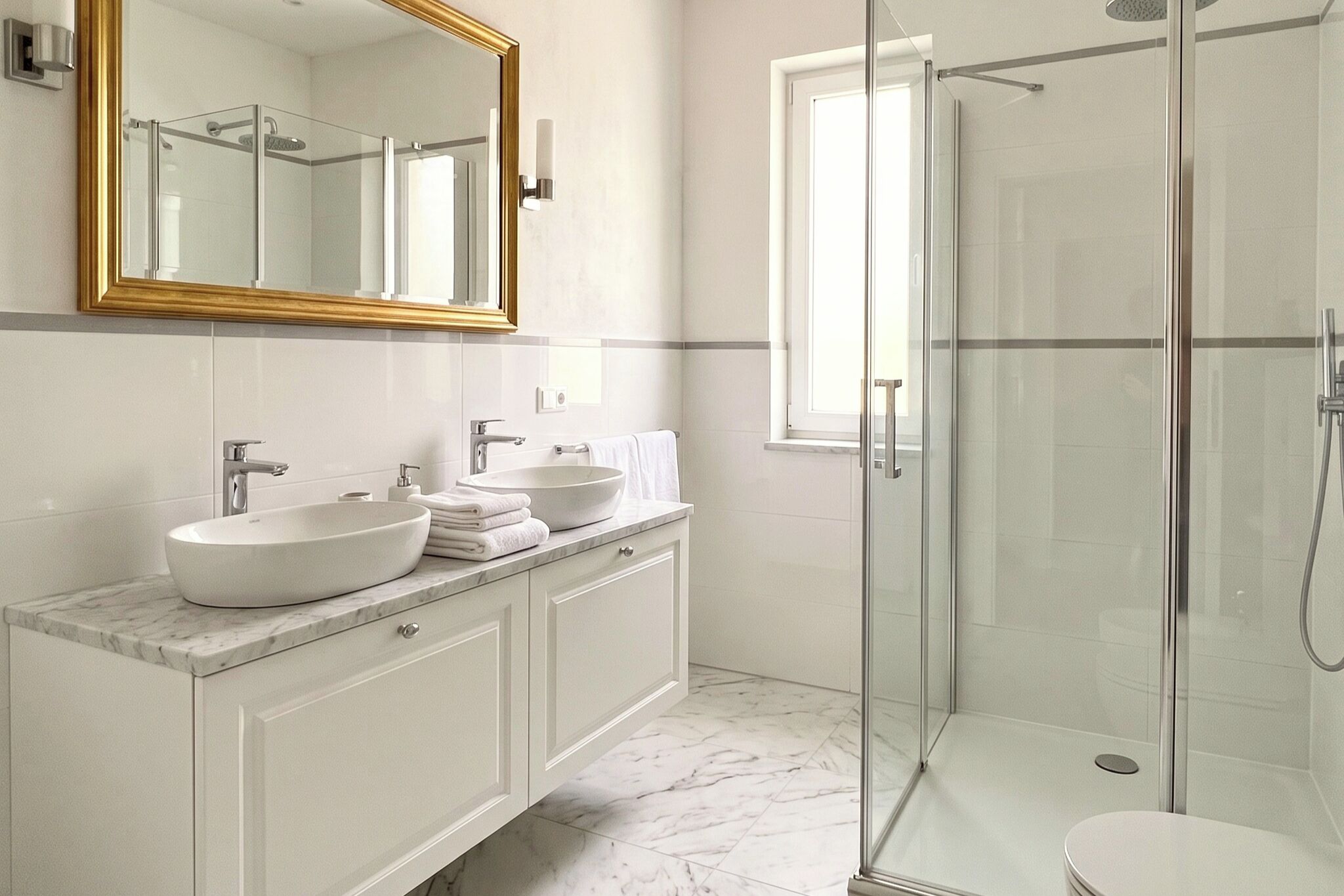 Een moderne badkamer met een douchecabine van glas, een grote spiegel en een marmeren aanrechtblad.
