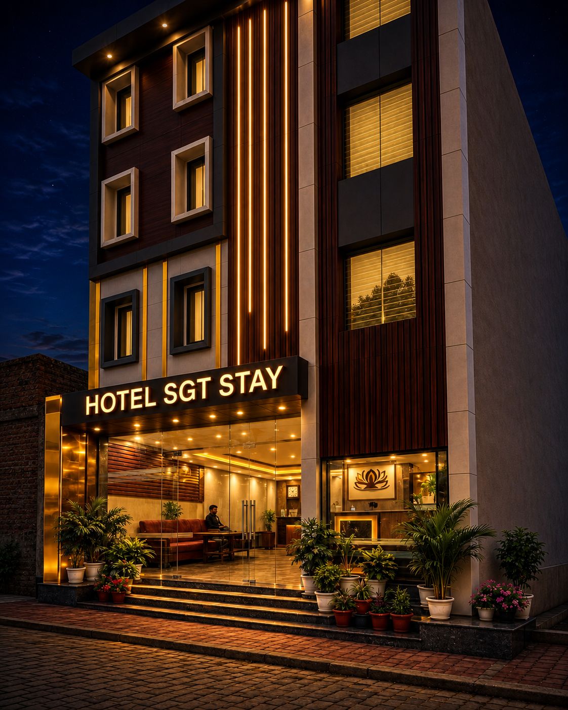 A modern hotel with a prominent entrance, multiple windows, and a reception area.