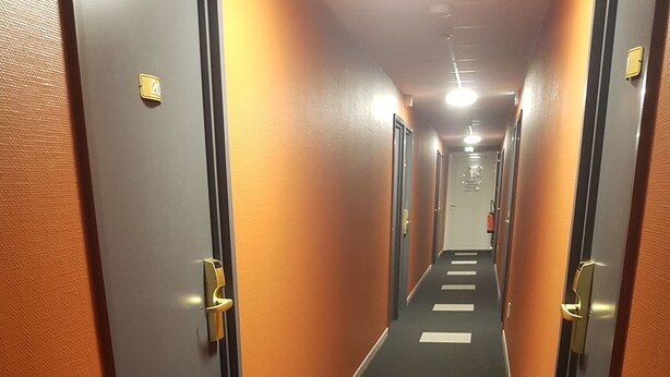 A hotel corridor with doors on both sides, a carpeted floor, and a hallway leading to a room.