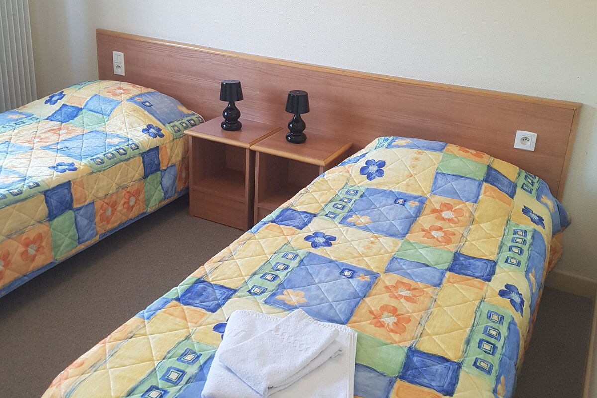 Een hotelkamer met twee eenpersoonsbedden, elk met een gewatteerde sprei en een klein nachtkastje met een lamp.