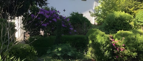 Un edificio blanco con un símbolo de cruz, rodeado de exuberante vegetación y un pequeño estanque.