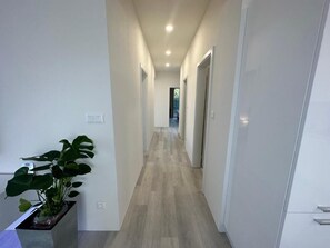 A hallway with a plant on the left, wooden flooring, and white walls. - AC Apartment House with Jacuzzi, 9A (Senec)