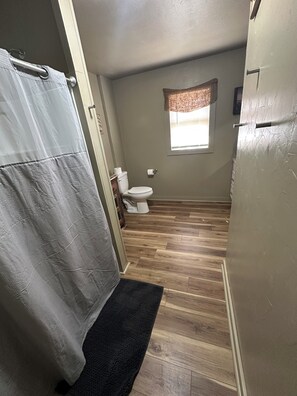 Une salle de bain avec un rideau de douche, des toilettes et une fenêtre.