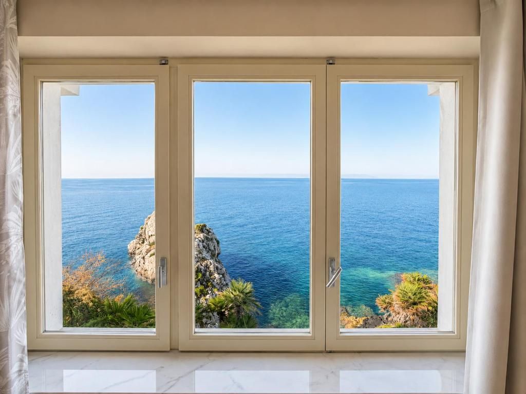 Una stanza con una grande finestra che si affaccia su una vista costiera.