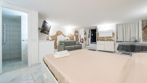 Habitació d'hotel moderna amb llit, sofà, televisió i bany amb dutxa.