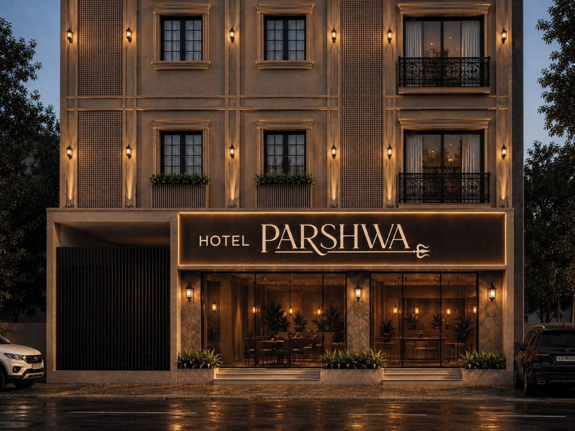 Hotel PARSHWA met een modern gevelontwerp, meerdere ramen en een terras.